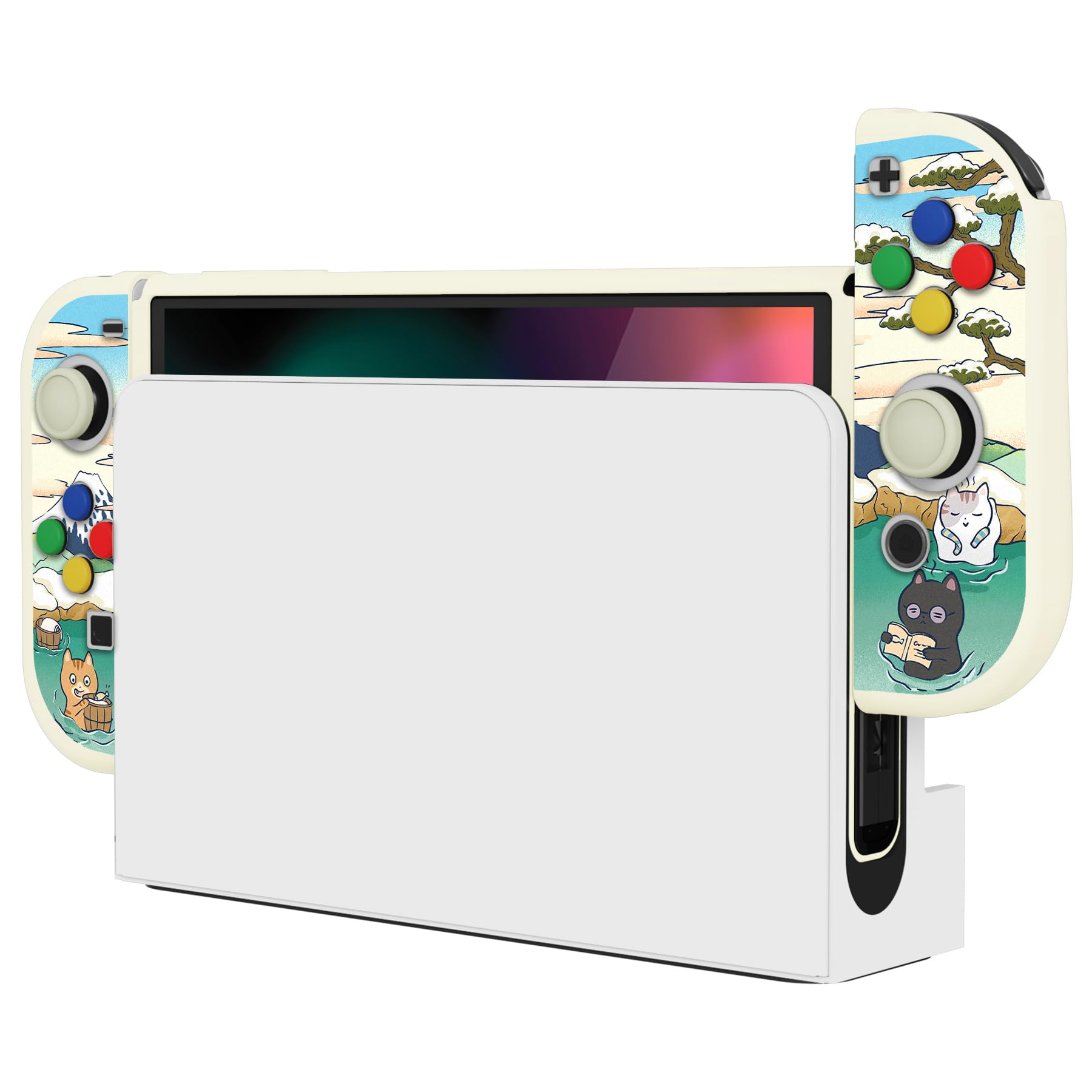 playvital ZealProtect Soft Protective Case for Nintendo Switch OLED, Flexible Protector Joycon Grip Cover for Switch OLED with Thumb Grip Caps & ABXY Direction Button Caps - Hot Spring Kitties — view 8