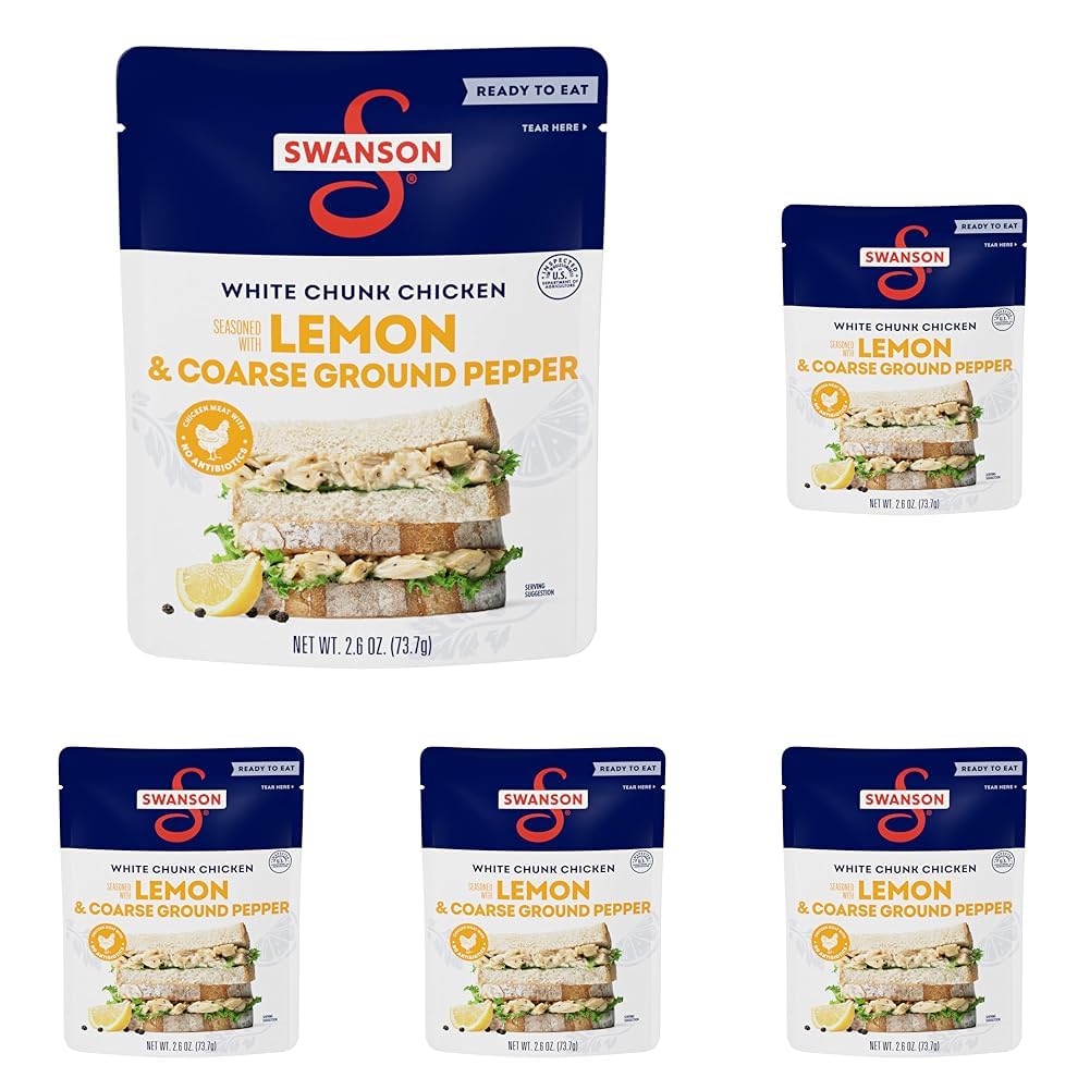 Swanson Lemon and Coarse Ground Pepper White Chunk Fully Cooked Chicken, Ready to Eat, Simple On-the-Go Meals, 2.6 oz Pouch (Pack of 5)