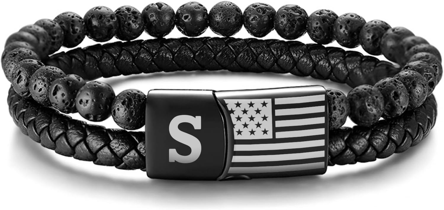 Leather Initial Bracelet for Men Gifts : Mens American Flag Black Lava Rock Braided Cord Letter Wristband for Valentines Birthday Christmas Male Jewelry Gift for Him Husband Dad Son Boyfriend
