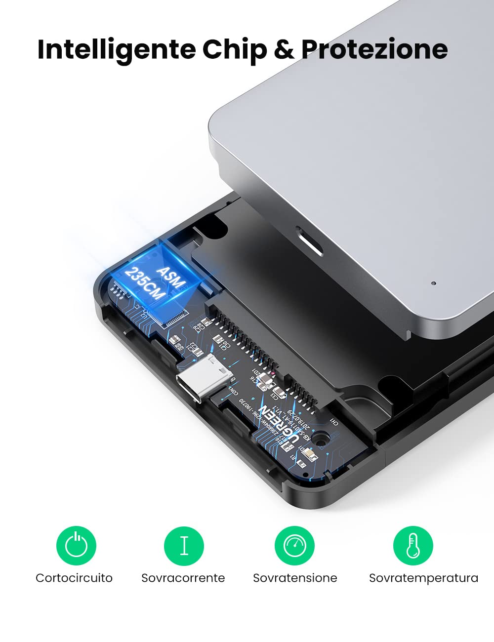 UGREEN Case Esterno per Disco Rigido 2.5" USB C 3.1 Gen 2 UASP 6Gbps Case Hard Disk Esterno per 7mm e 9.5mm SATA I II III HDD SSD 2.5" da 6TB Compatibile with WD Toshiba Seagate Hitachi, PS4, Xbox