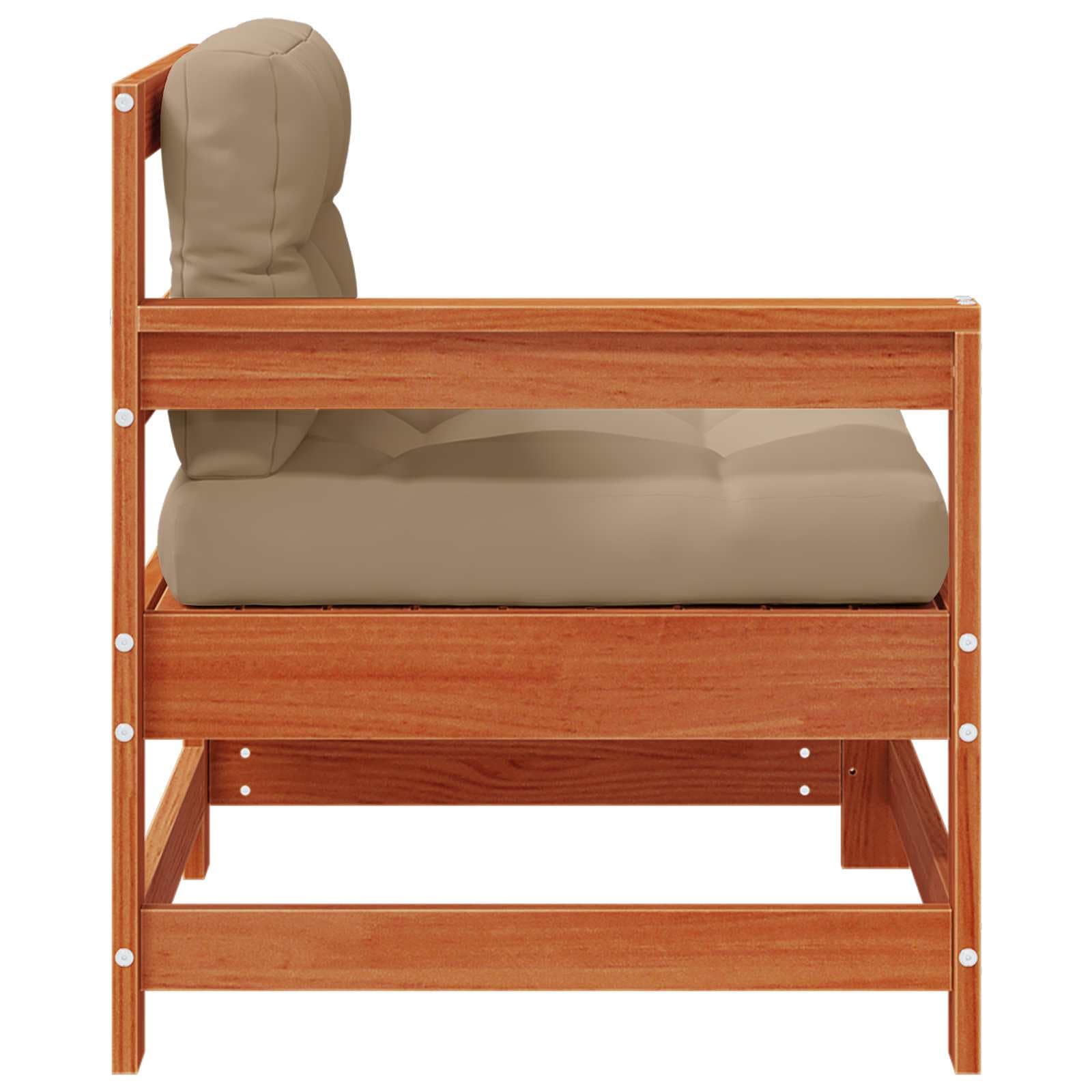 Juego de sofá modular para exteriores de madera maciza de pino marrón cera, con cojines de espuma para mayor comodidad, flexible y adaptable para asientos modernos al aire libre.