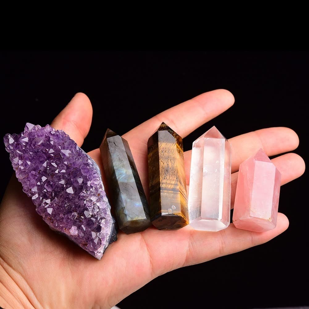 1 Juego de Columna Hexagonal de Cuarzo Rosa Natural, Varita de Amatista, Punto de Cristal, Estudio, decoración del hogar, Piedra de Cristal