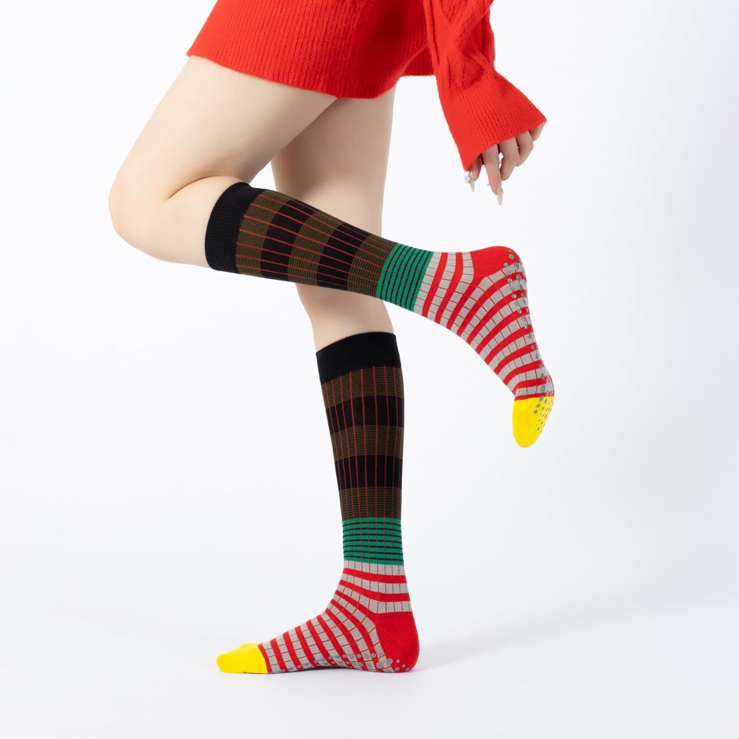 Verdancy Yoga Pilates Socks with Grips for Women Striped Color-Blocked Knee Highs Non Slip Cushioned Over the Calf Socks - Image 2
