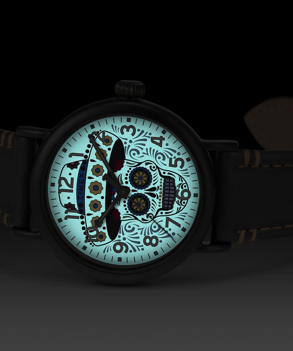 Timex Herren Analog Quarz Uhr Waterbury Standard Dia de los Muertos mit Lederarmband