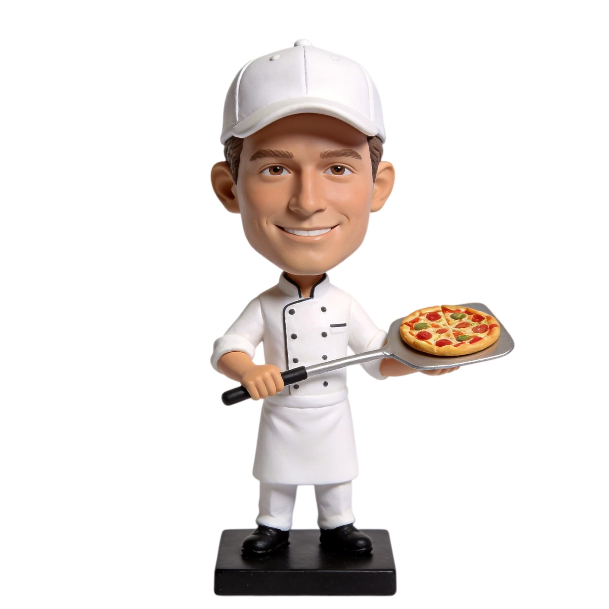 Individuelle Wackelkopf-Figur nach Foto, Personalisierter Pizzabäcker Bobblehead mit Pizzaschaufel & Pizza, Handgefertigte Harz-Figur als Geschenk für Koch Pizzabäcker Geburtstag