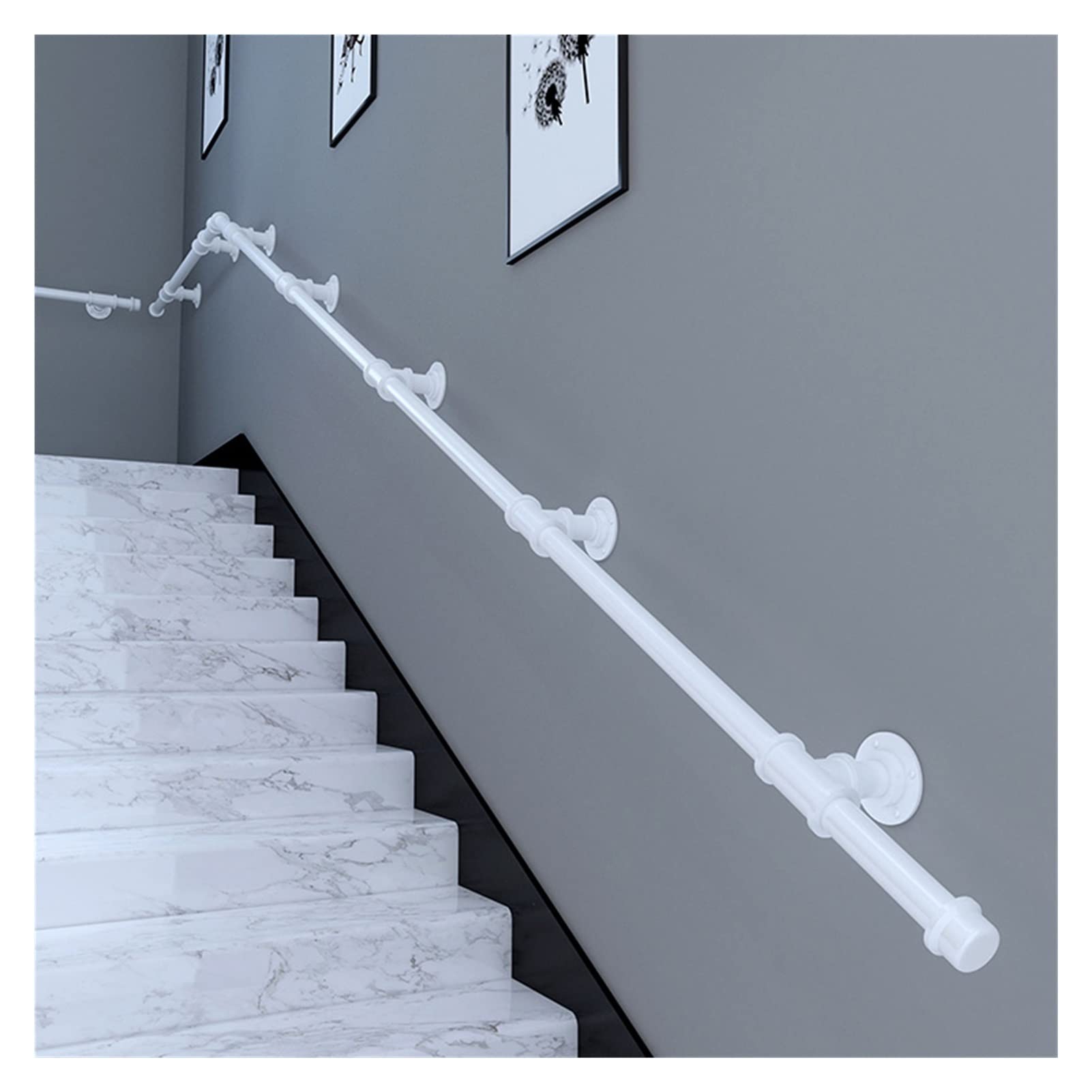Meiiron Staircase Handrail, Segmented Installation, Wall Mount Industrial Loft Round Iron Pipe Banister Metal Grab Bar Hand Railing Indoor Hand Rail - 1ft-20ft (Color : White, Size : 280cm(9.2ft))