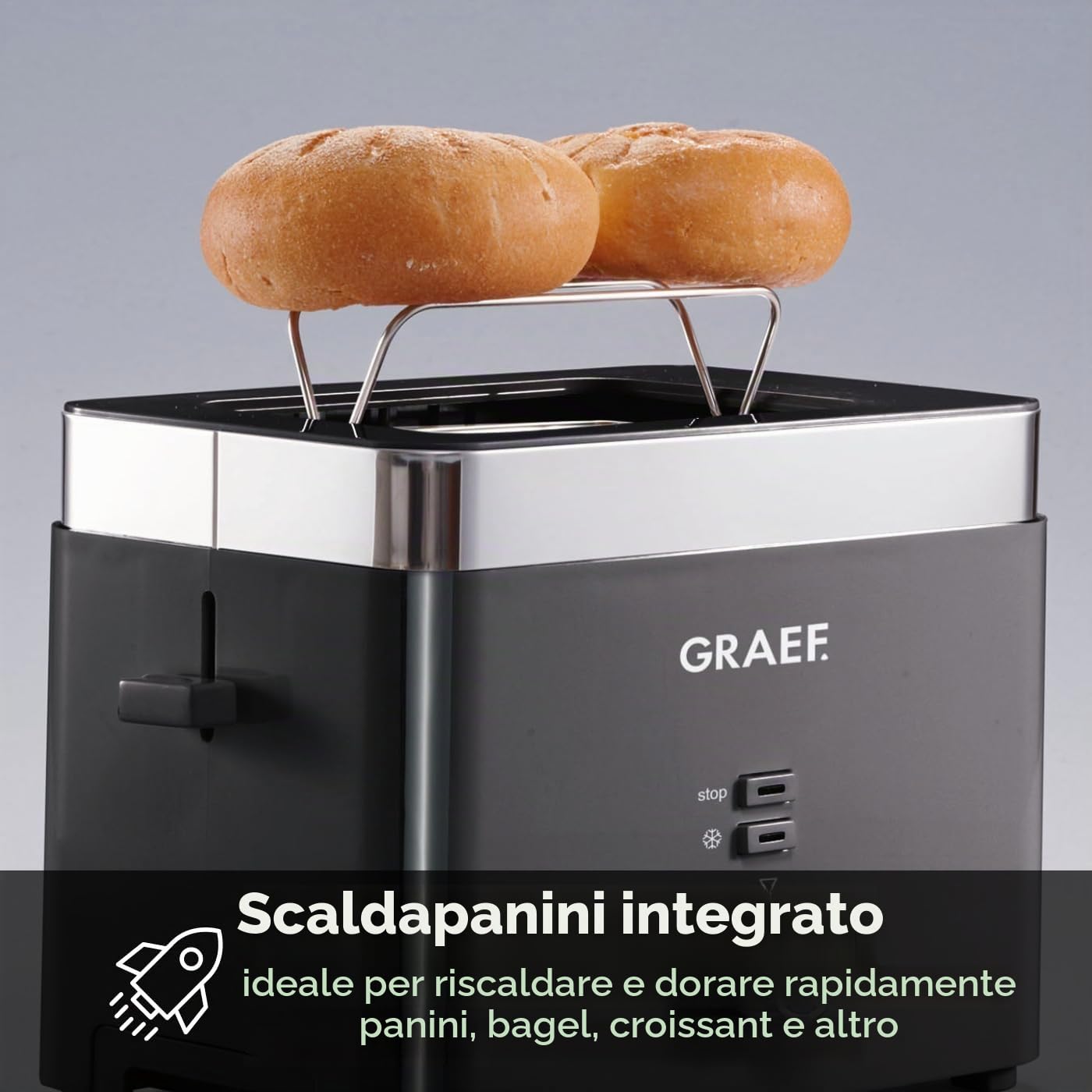 Tostapane GRAEF TO62 Nero Tostapane a 2 fette con attacco per panini, spegnimento di sicurezza, centratura delle fette di pane e vassoio raccoglibriciole