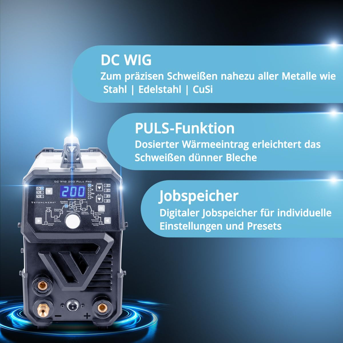 STAHLWERK Schutzgasschweißgerät 2-in-1 Kombi DC WIG 200 Puls Pro – WIG & MMA (E-Hand/ARC) bis 200 A, Pulsfunktion, Jobspeicher, Hotstart, Dünnblech geeignet, für Stahl, Edelstahl, Kupfer & Messing