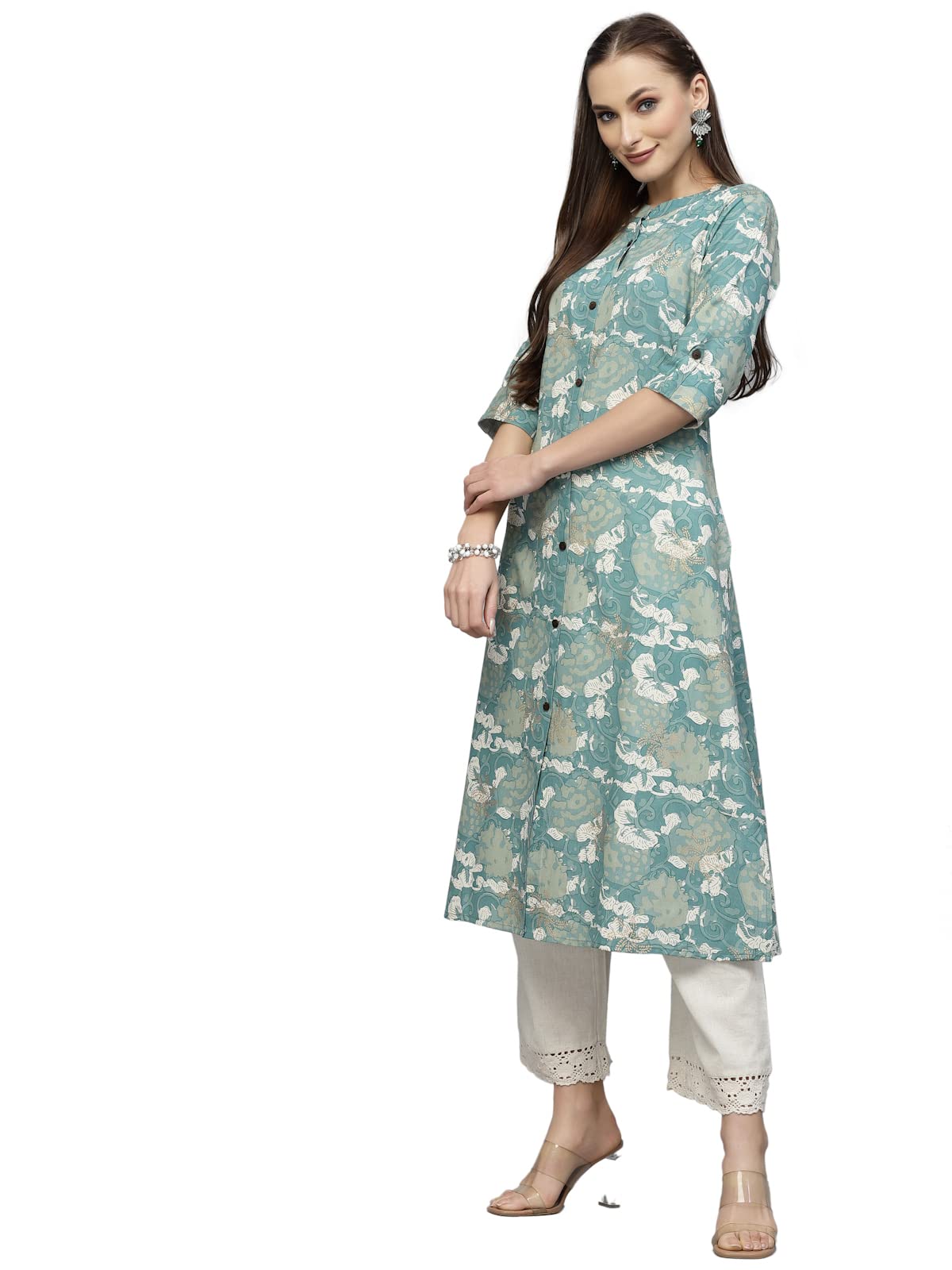 Stylum Women's Printed Rayon A-Line Kurta (Pineshark38_Turquoise, M)