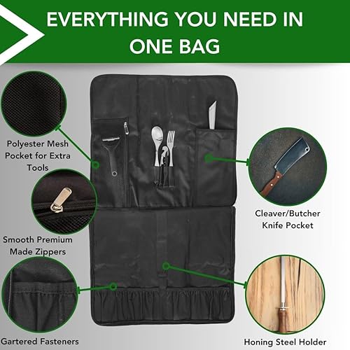Miniatura 2 de Bolsa enrollable para cuchillos de chef, 15 ranuras con bolsillo para cuchillo de carne más 10 protectores de cuchillos, capacidad para herramientas