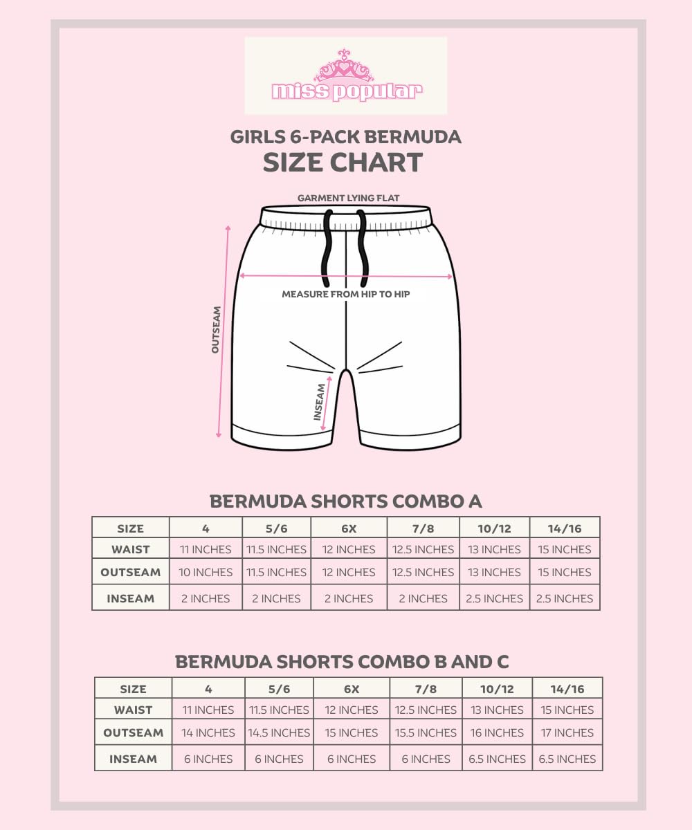 MISS POPULAR Bermuda für Mädchen, 6er-Pack, Größen 37-42, bequeme Baumwolle, elastischer Bund, Fliege, Taschen und viele Farben, Combo C, 6X