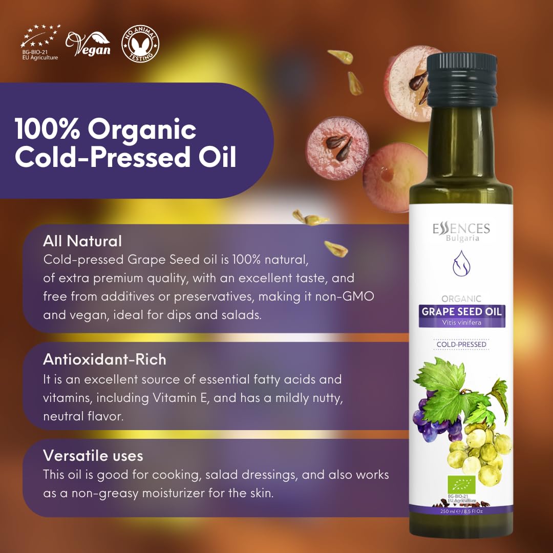 Essences Bulgaria Huile de Pépins de Raisin Bio 250 ml | Huile Pressée à Froid 100% Naturelle | Qualité Extra Premium | Excellent Goût | Sauces | Salades | Sans Additifs ni Conservateurs | Non-OGM