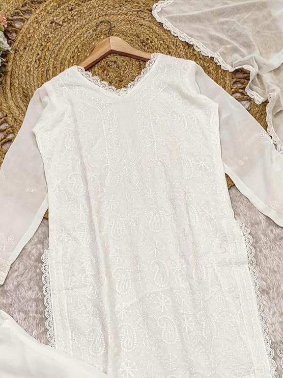 Image of Women's Chikankari Embroidered 3 Piece Suit Set in Faux Georgette - Long Gown Style Kurta with Lining with Dupatta