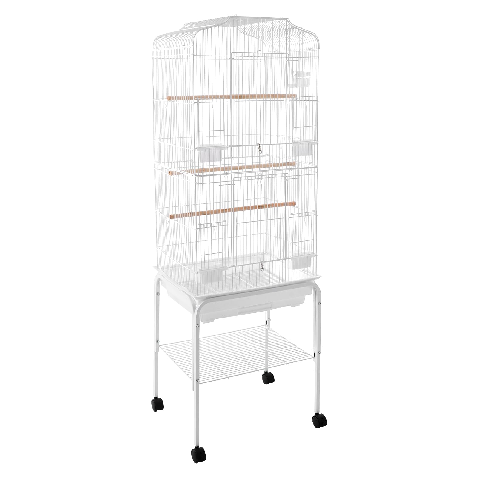 Jaula para pájaros con ruedas, jaula grande para periquitos y loros, con soporte y bandeja de almacenamiento, pajarera de metal con bandeja extensible, 137,5 cm de alto, color blanco