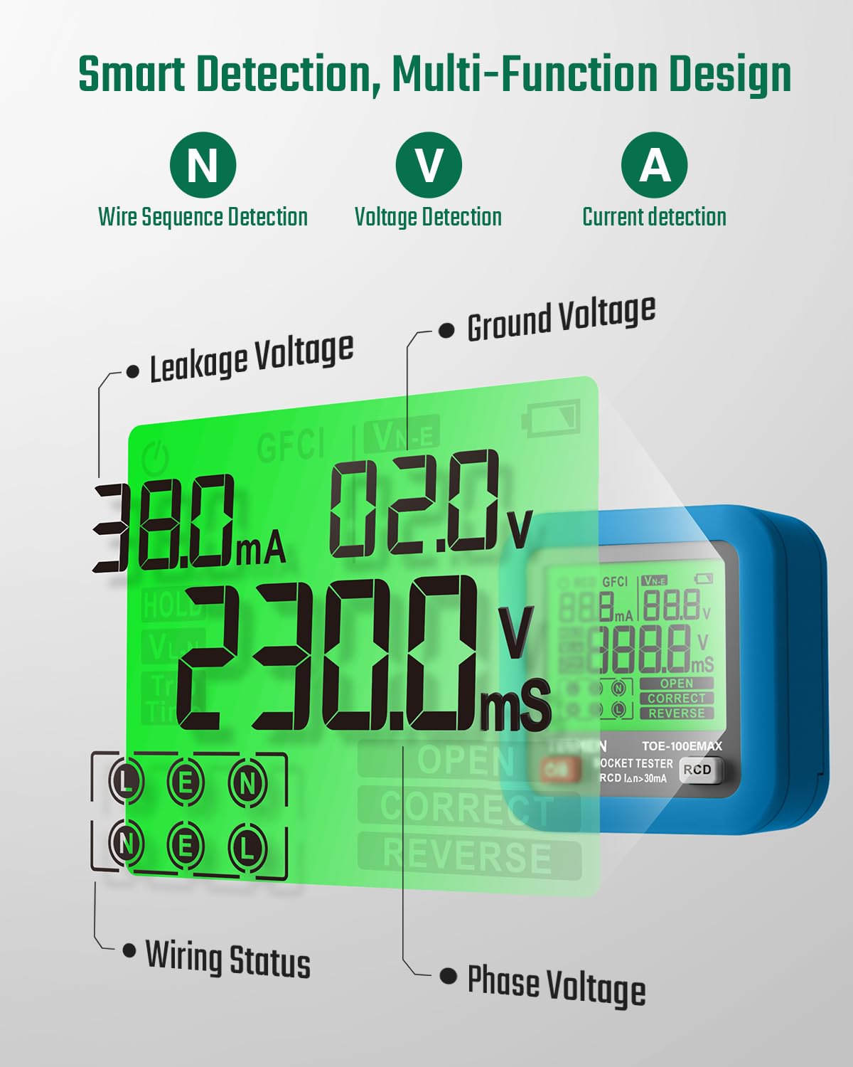 TESMEN TOE-100EMAX Electrical Socket Tester UK, Plug Outlet Tester with RCD Trip Time Test, Backlit LCD, Data Hold - Image 2