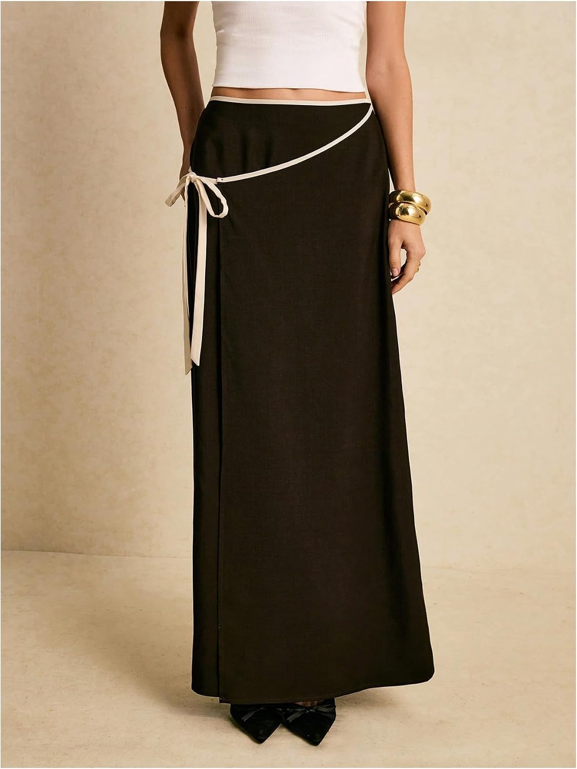 MakeMeChic Women's Elegant Wrap Maxi Skirt Low Waisted Tie Side Long Skirts