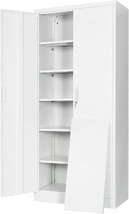 Steel SnapIt Cabinet, 71 Inch Metal Storage Cabinet with Locking Doors and 5 Adjustable Shelves, Garage Cabinet, Tool Cabinets for Office and Home Use (White)