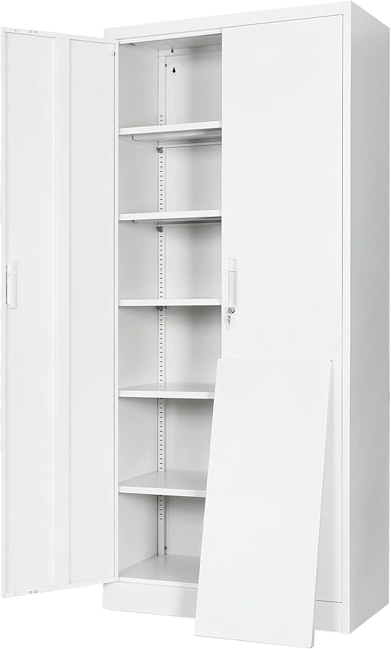 Steel SnapIt Cabinet, 71 Inch Metal Storage Cabinet with Locking Doors and 5 Adjustable Shelves, Garage Cabinet, Tool Cabinets for Office and Home Use (White)