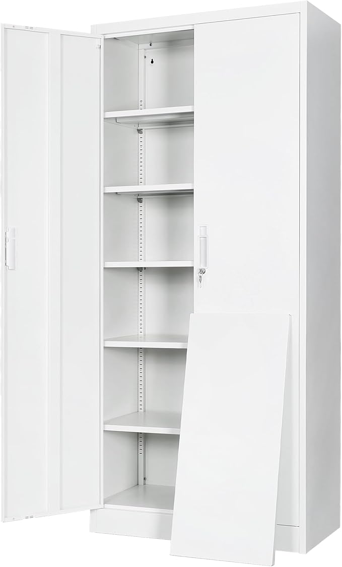 Steel SnapIt Cabinet, 71 Inch Metal Storage Cabinet with Locking Doors and 5 Adjustable Shelves, Garage Cabinet, Tool Cabinets for Office and Home Use (White)