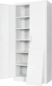 Steel SnapIt Cabinet, 71 Inch Metal Storage Cabinet with Locking Doors and 5 Adjustable Shelves, Garage Cabinet, Tool Cabinets for Office and Home Use (White)