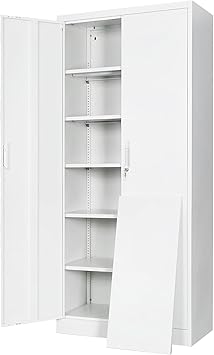 Steel SnapIt Cabinet, 71 Inch Metal Storage Cabinet with Locking Doors and 5 Adjustable Shelves, Garage Cabinet, Tool Cabinets for Office and Home Use (White)