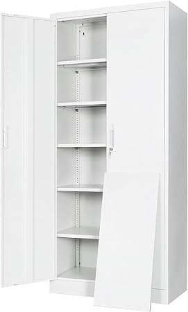 Steel SnapIt Cabinet, 71 Inch Metal Storage Cabinet with Locking Doors and 5 Adjustable Shelves, Garage Cabinet, Tool Cabinets for Office and Home Use (White)