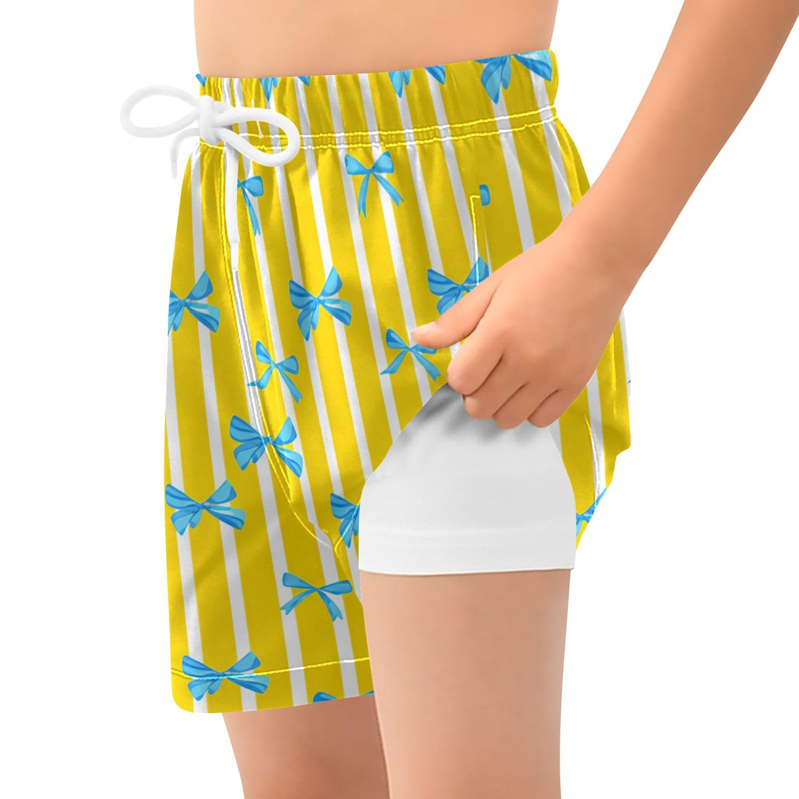 YANENDIE Boy Swim Trunks with Compression Liner Yellow White Bows Boys Swim Shorts Quick Dry Beach Shorts