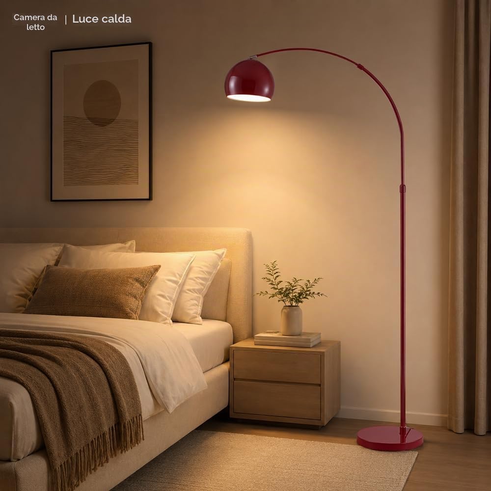 Lampada da terra moderna ad arco rosso, lampada da terra con braccio ad arco regolabile in altezza, luce da terra regolabile con dimmer a 3 colori e interruttore a pulsante, lampada da terra
