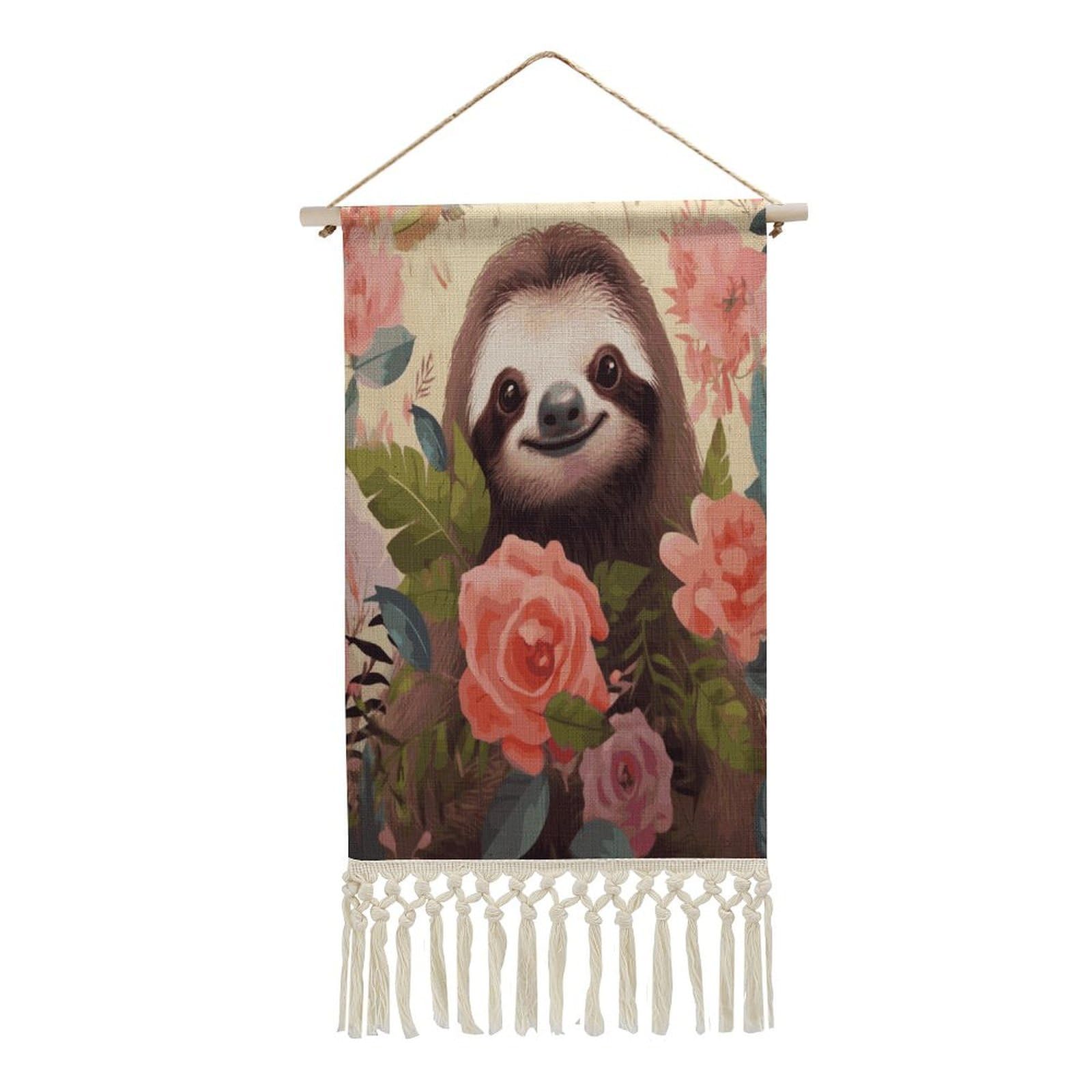 Adfgyerh Style Sloth And Flowers Tapestry With Tassels Cotton And Linen Hanging Posters, Wall Art For Travel Gift, Wall Tapestry For Office Home Decor Bedroom Living Room Decor
