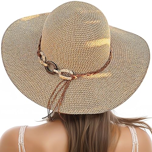 Image of Beach Sun Straw Hats for Women, UPF 50+ UV Sun Protection Wide Brim Summer Straw Hat Foldable Packable Roll up Cap