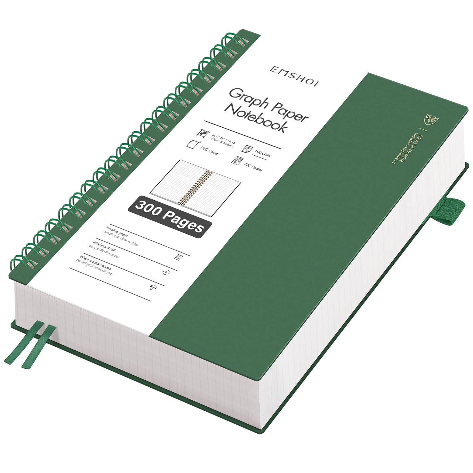 EMSHOI Notebook B5 Squared, Spiral Notepad with 300 Pages / 150 Sheets, 100gsm Checked Paper for Writing, PVC Hard Cover, for School, Work, Drawing, Travel Journal, 19 x 25 cm, Ink Green
