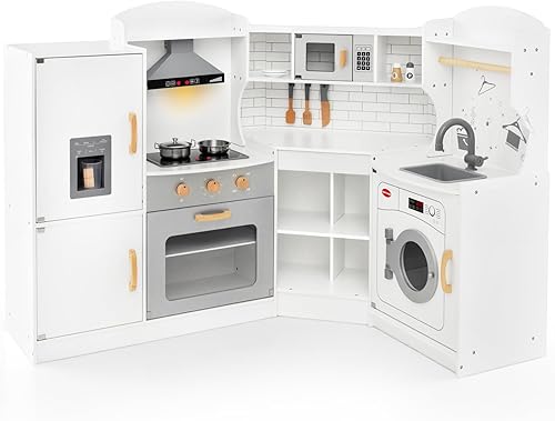 KOTEK Cocina de juego de esquina, cocina de juguete de madera para niños con sonido y luz, campana extractora, máquina de hielo, lavadora,