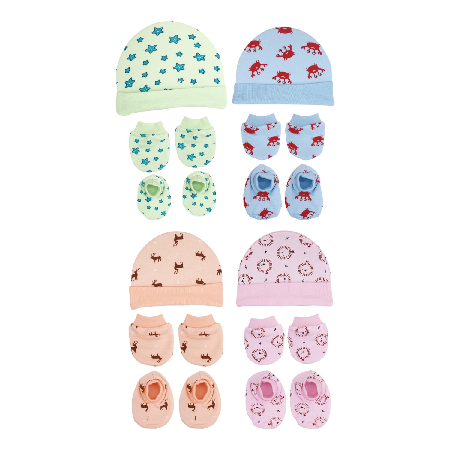 Secure Steps Mittens Cap and Booties Set for New Born Baby Pack of 4 | 100% Cotton Baby Mittens Set 0 to 6 Months | Soft Anti-Scratch Caps Mittens and Booties Newborn | Cute Designs | Boys & Girls