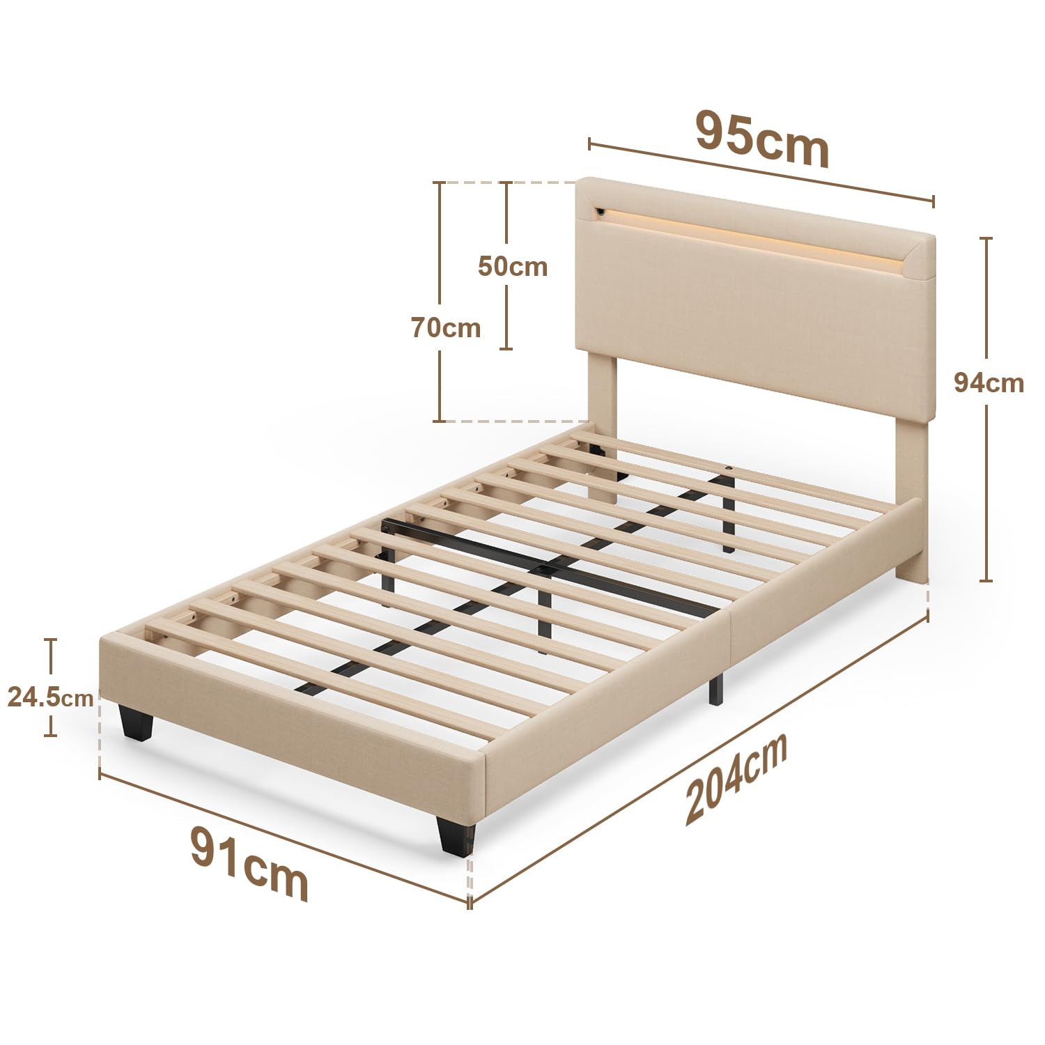 Blishom Łóżko tapicerowane 90x200cm z oświetleniem LED, tapicerowane łóżko platformowe, konstrukcja stalowa, tapicerowany zagłówek, solidna podstawa (Beżowy)