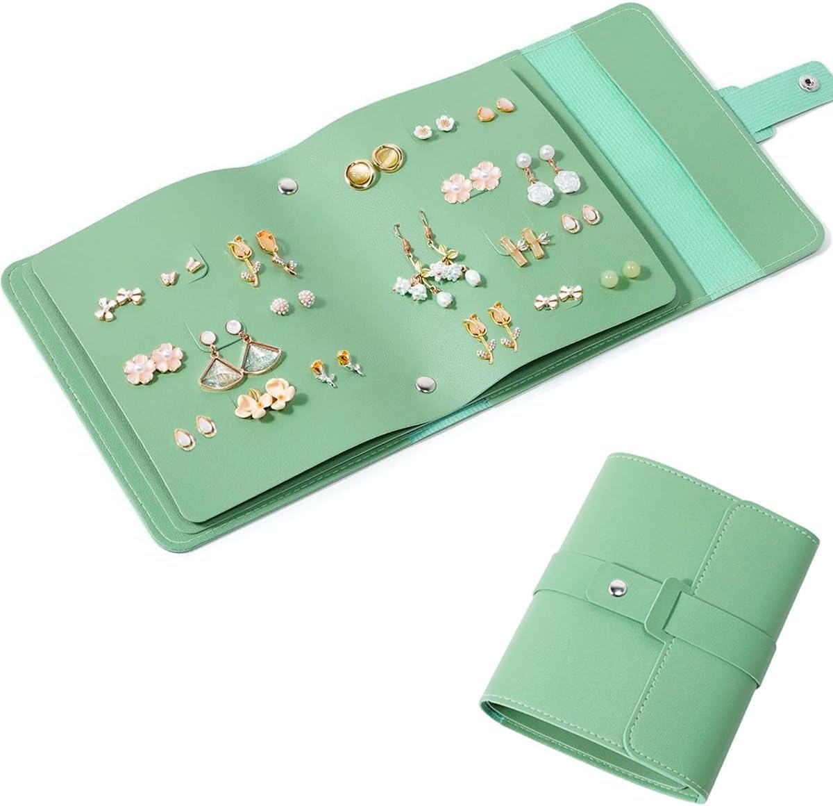 Earrings Organizer Foldable Leather Jewelry Pouch - Essential Travel Accessory & Easy-to-Carry Case for Necklaces, Earrings, Rings, Travel-Friendly Jewelry Organizer (GREEN)