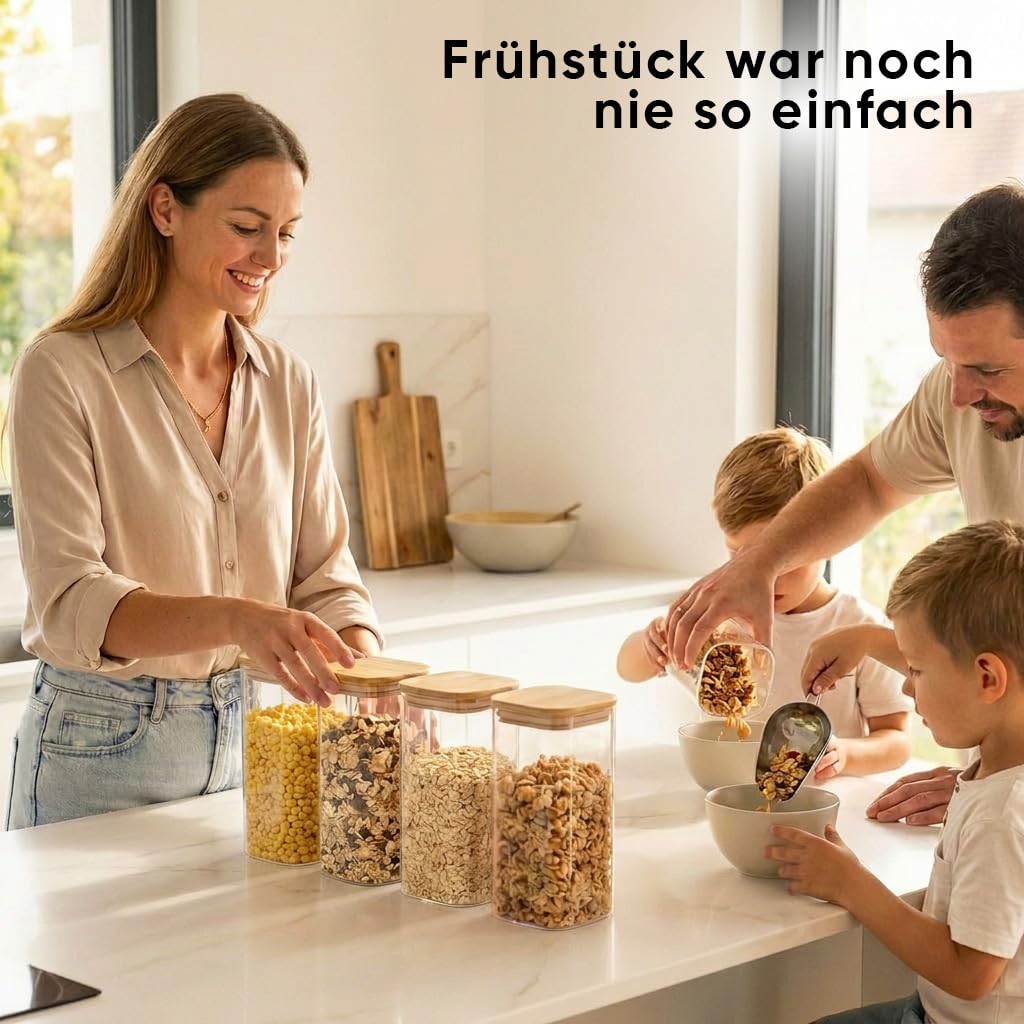Deco haus® Vorratsgläser mit Deckel eckig 6er Set [+ETIKETTEN] - Vorratsdosen Glas mit Deckel luftdicht - Vorratsglas mit Holzdeckel - Müsli Aufbewahrungsgläser - Glasbehälter Vorratsbehälter
