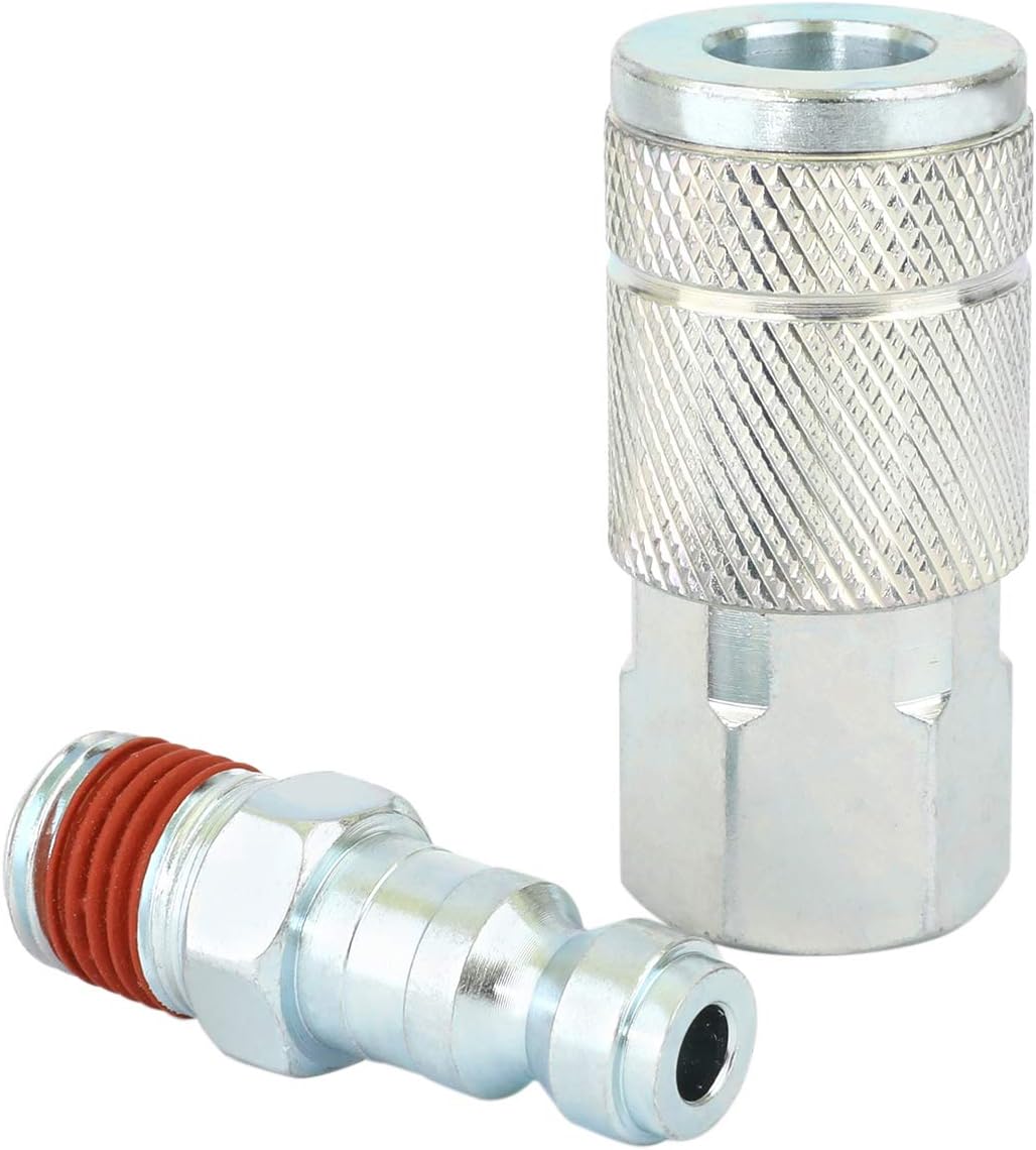 WYNNsky Air Tools Accessories Fittings, T Type Air Coupler and Plug Kit, 1-pc 1/4'' FNPT Zinc-Plated Steel Air Coupler, 1-pc 1/4'' MNPT Zinc-Plated Steel Air Plug
