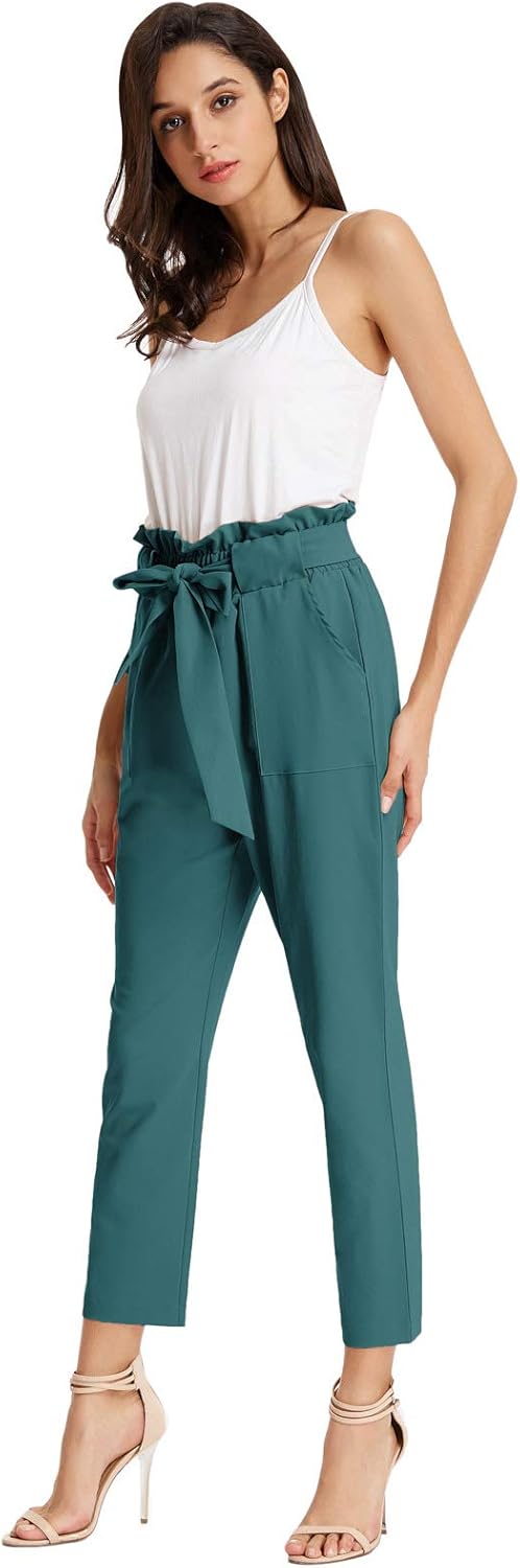 GRACE KARIN Women's Cropped Paper Bag Waist Pants with Pockets Small Teal Blue