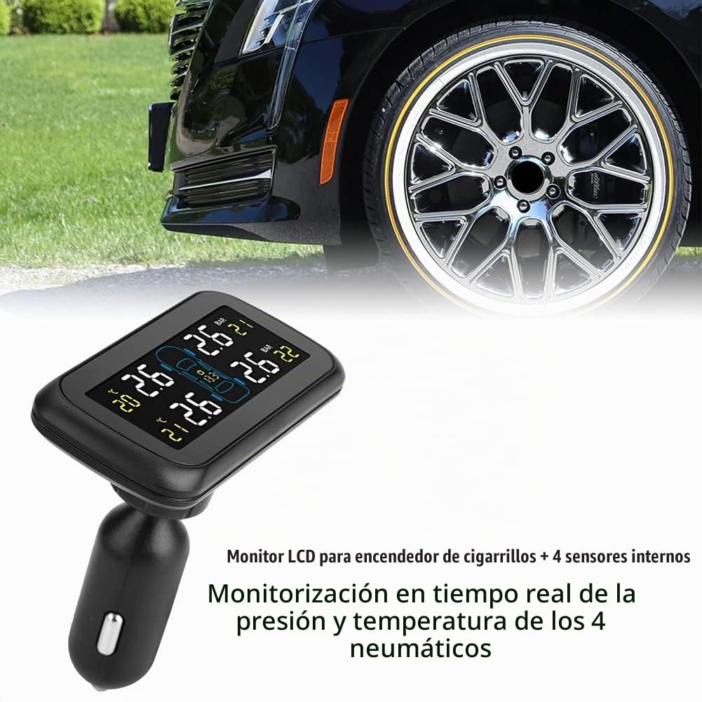 Sistema de control de presión de neumáticos, sensor de presión de neumáticos TPMS para automóvil con monitor de pantalla LCD, 4 sensores internos, cargador USB para encendedor de cigarrillos