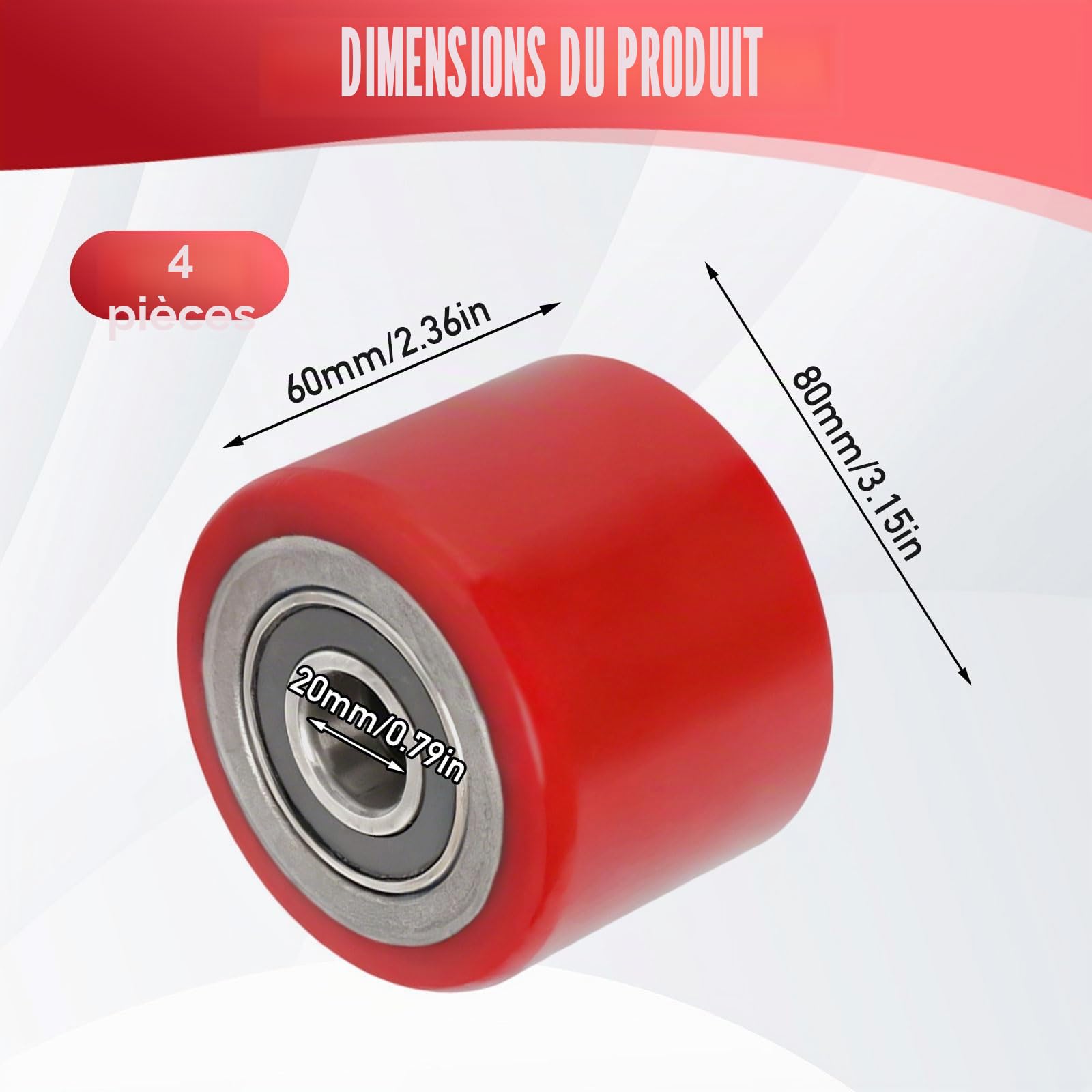 Lot de 4 roues polyuréthane 80x60 mm, axe 20 mm, roulement à billes, roulettes élévateur, roue de rechange 600 kg