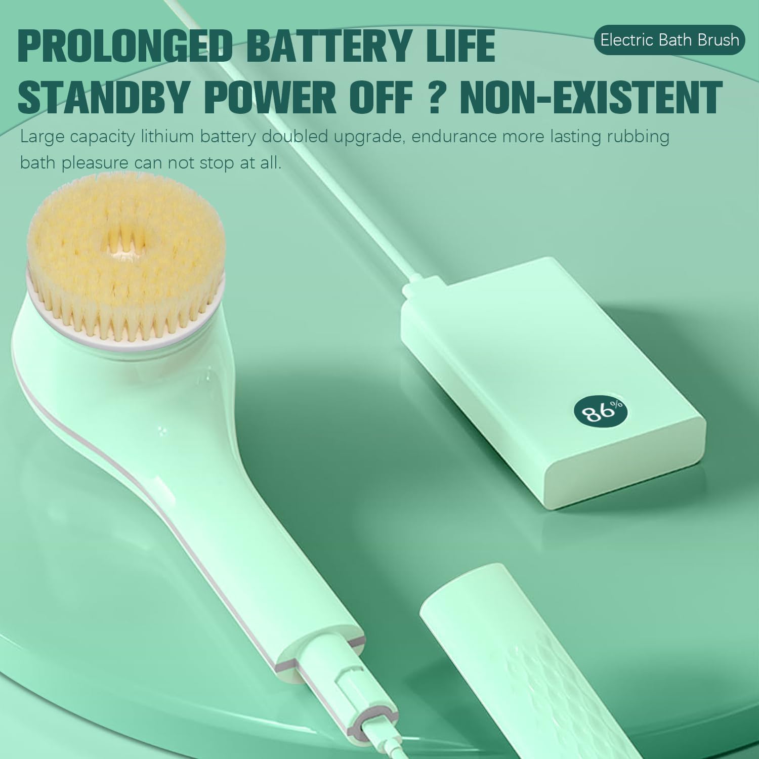 Electric Body Brush, Electric Body Scrubber, Long Handle Body wash applicator, Silicone Back Brush, 6 Shower Brush Heads ，for Cleaning, Massage and Exfoliation (Light Green) - Image 7