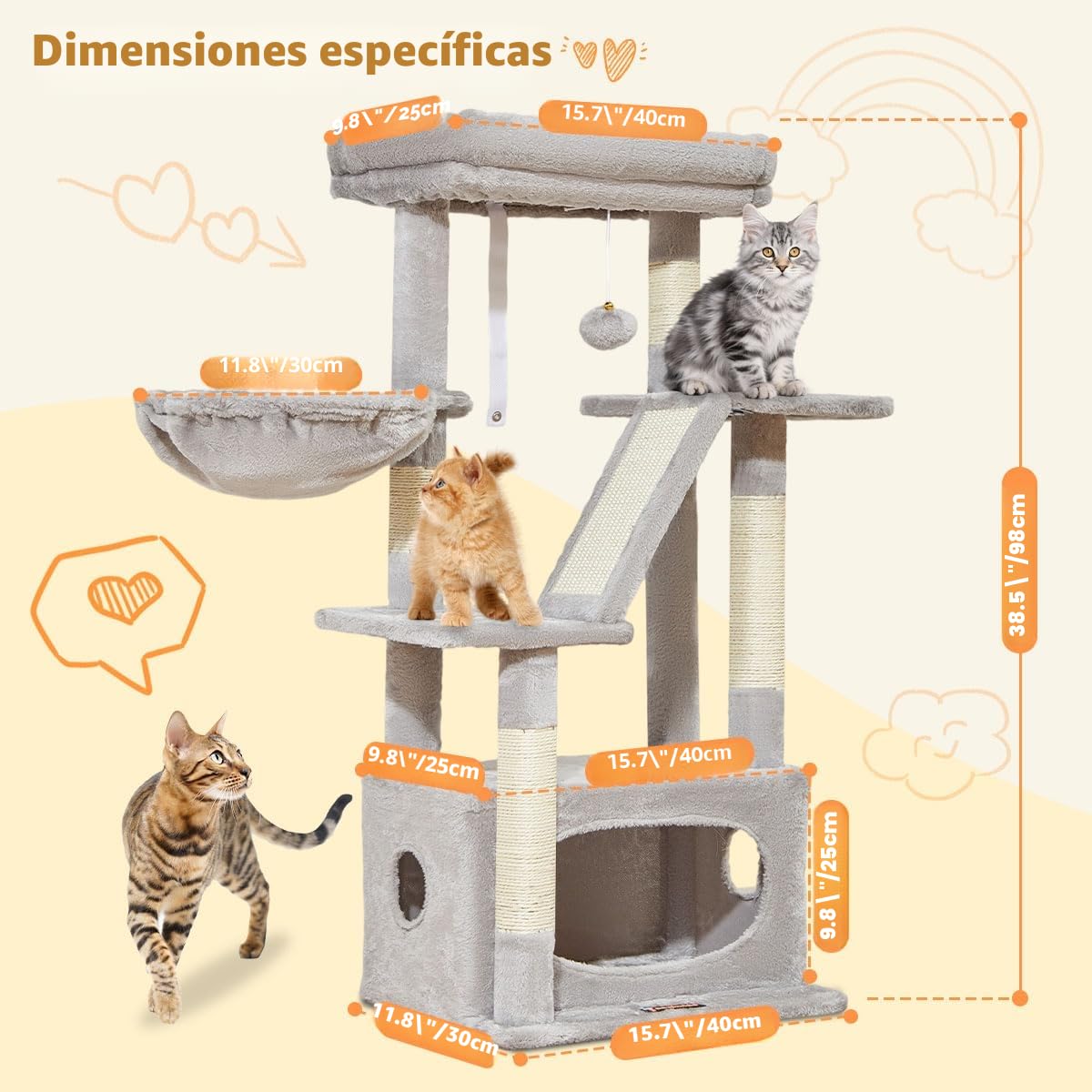 Taoqimiao Rascador para Gatos, 98cm Arbol Rascador para Gatos Cat Tree com 1 Plataformas, 1 Cuevas, Cesta, MS029SW Gris Claro