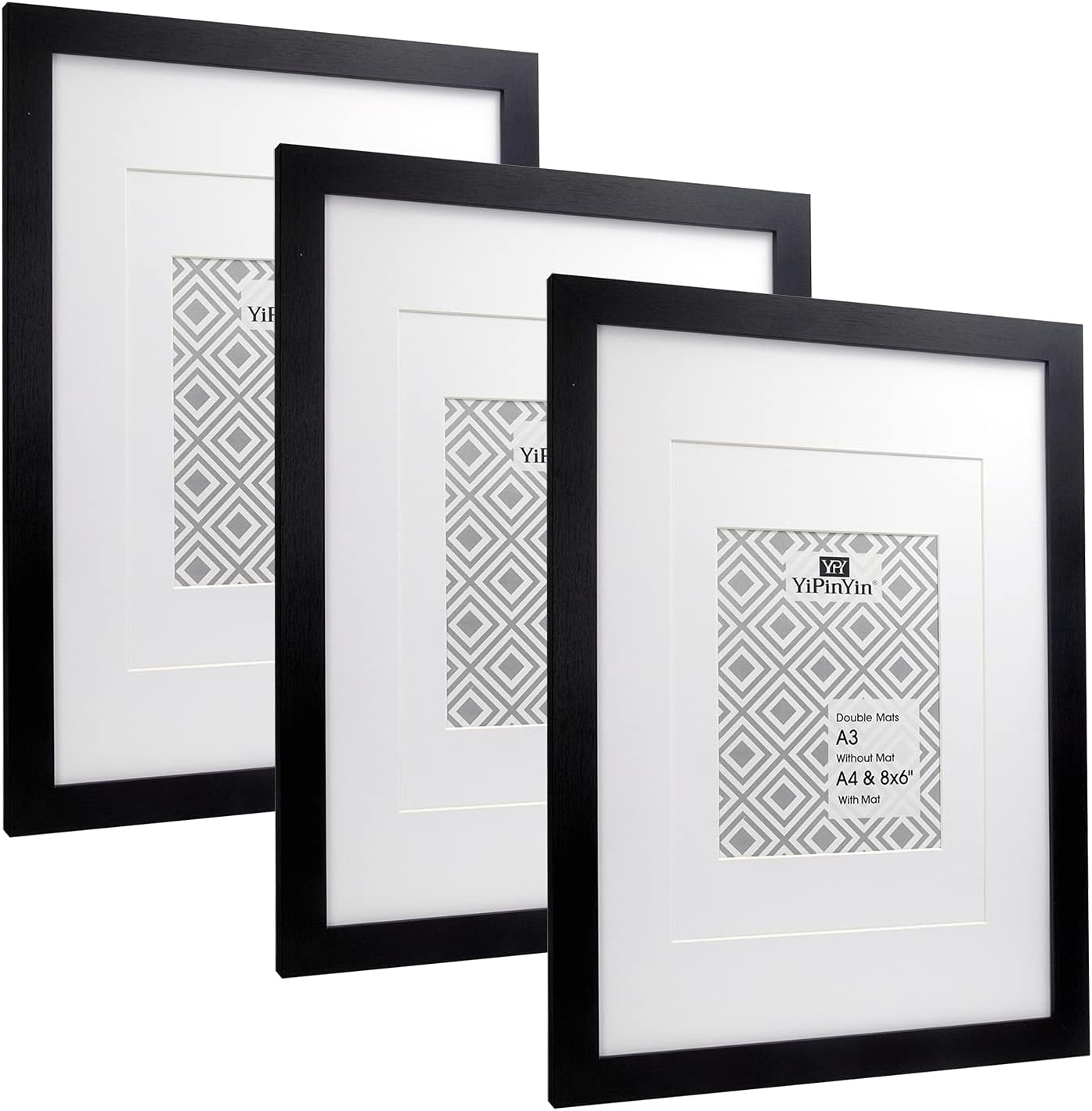 YiPinYin A3 Black Pictures Frames Set of 3 With Double Mounts for A4