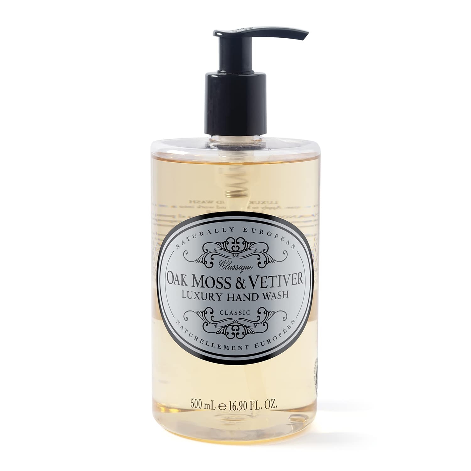 Naturally European Oak Moss and Vetiver Hand Wash, Bottle with Pump, Earthy and Floral Scent, Suitable for Sensitive Skin 500ml | Gentle Hand Wash with Pump That Moisturises While Cleansing. Earthy Floral Scent with Oak Moss and Vetiver Notes.