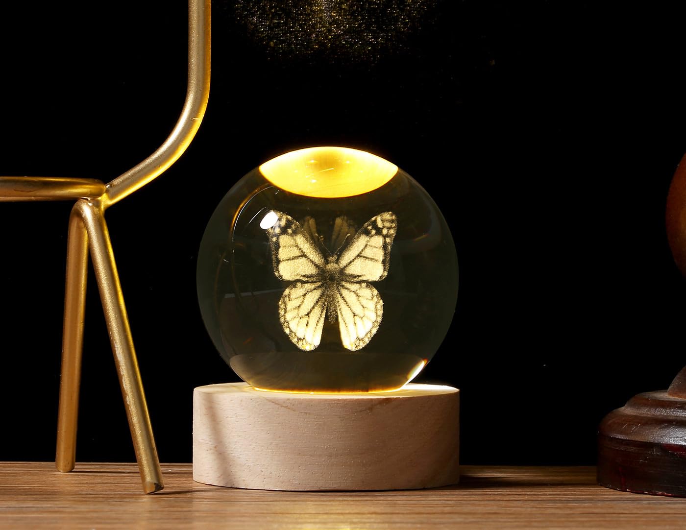 Sahoottie 60mm Butterfly 3D Engraved Crystal Ball with Wooden Base Glass Paperweight Butterfly Gift for Women Figurine Glass Ornament Decoration - Image 3
