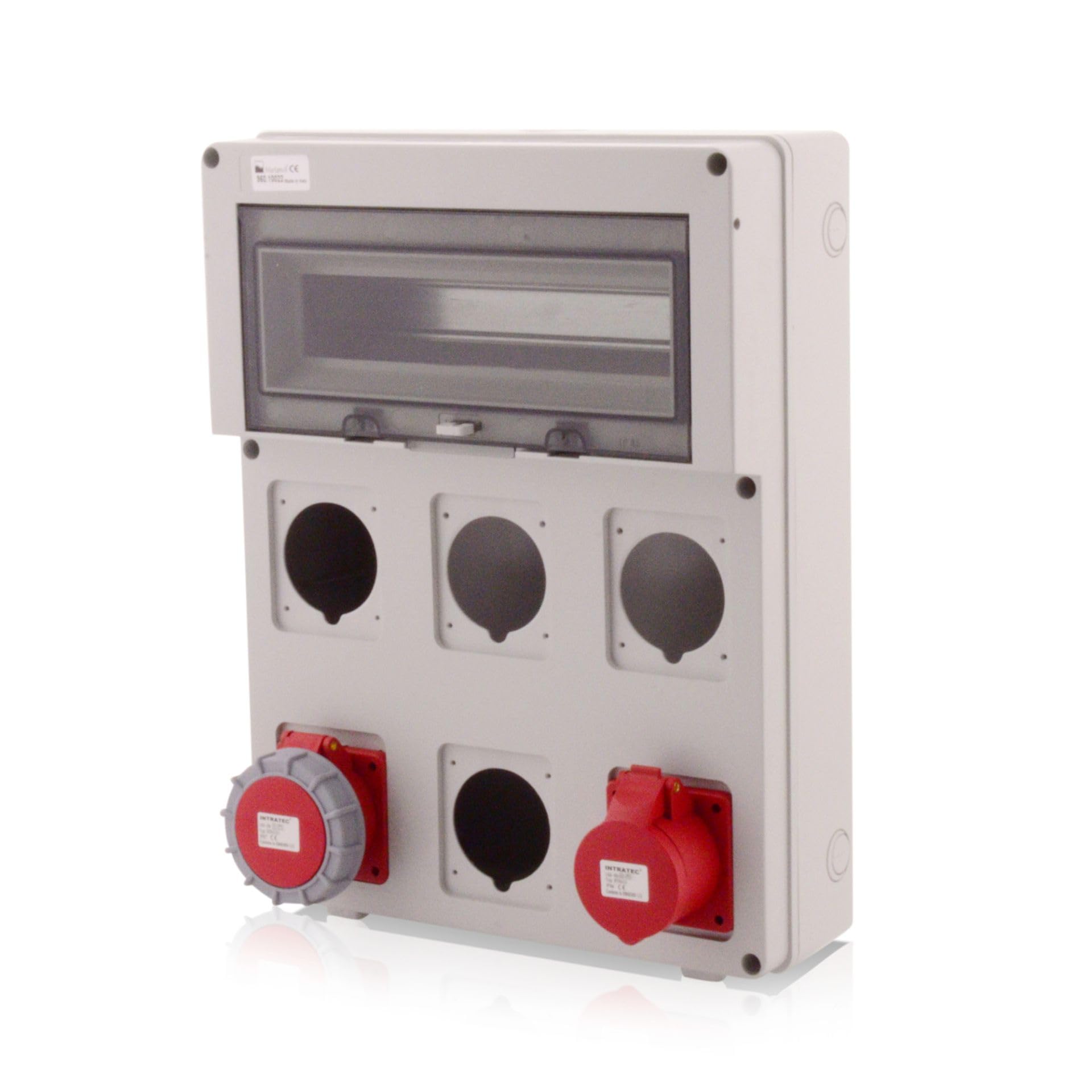 Intratec Baustromverteiler Aufputz Installationsgehäuse IP65, 440x340mm, 6 CEE Steckverbindungen, Wasserdichtes Gehäuse, UV-beständig, Außeneinsatz
