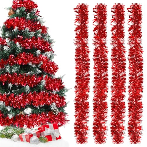 Ghirlanda di Orpelli Natalizi,Rosso Natale Tinsel Ghirlanda,8M Ghirlanda Albero di Natale,Metallico Festoni Natalizi,Decorazioni Natalizie per Interni Ed Esterni