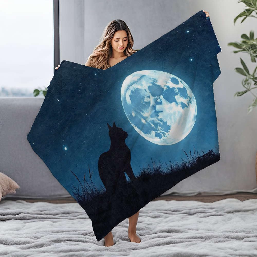 Couverture en flanelle silhouette chat sous la lune grande taille 125x150cm