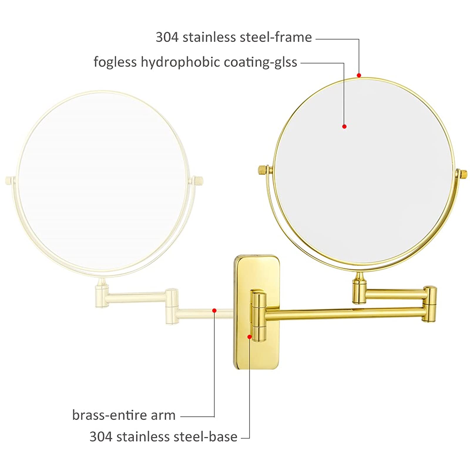 Specchio da trucco da parete da 20,3 cm, con braccio pieghevole girevole a 360° ed estensibile, specchio da barba per bagno