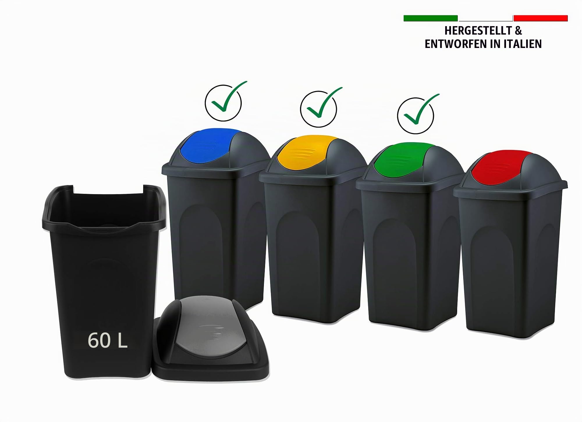 BigDean 3x Mülleimer groß 60L mit Schwingdeckel schwarz gelb, grün, blau
